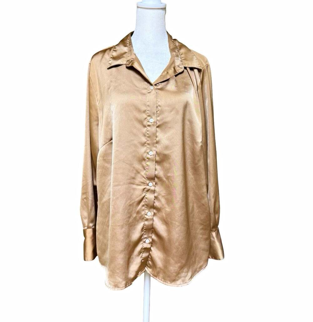 Banana Republic XL Satin Button Down Shirt Bronze Brown Long Sleeve Blouse